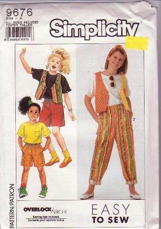 Simplicity Sewing Pattern 9676 Girls Pants or Shorts Vest and Knit Top Sizes 7to14 Uncut 1990