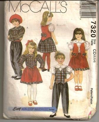 McCall’s 1994 Sewing Pattern 7320 Children’s Girls Pants Skirt Blouse Lined Vest Sizes 2-4 Uncut