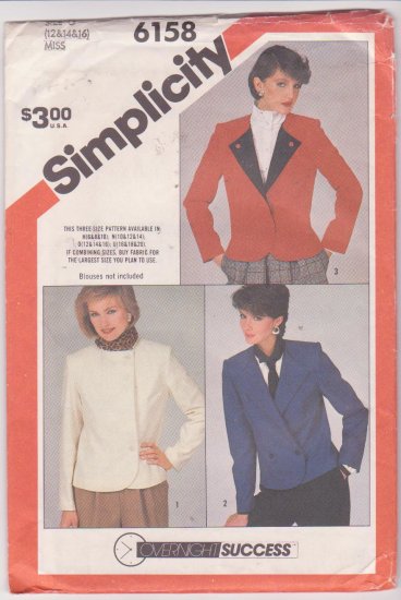 Simplicity Pattern 6158 Misses Unlined Jacket 1983 Uncut Sizes 12-16