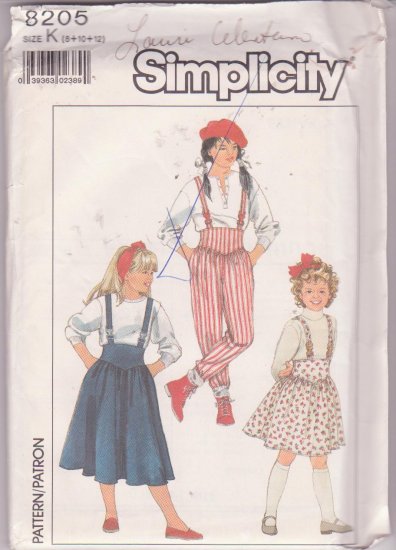 Simplicity Pattern 8205 Girls Suspender Skirt in Two Lengths & Pants 1987 Uncut Sizes 8-12