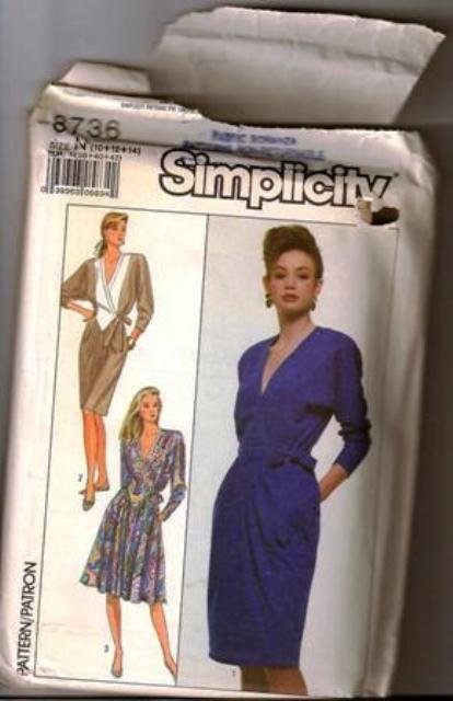 Simplicity Pattern 8736 Misses Elegant V-Neck Dress 1988 Sizes N (10-12-14)