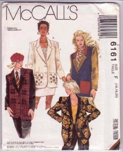 McCall’s 6161 Misses' Unlined Jackets Pattern Sizes 16 to 20 Dated 1992 Uncut Extended Shoulders.