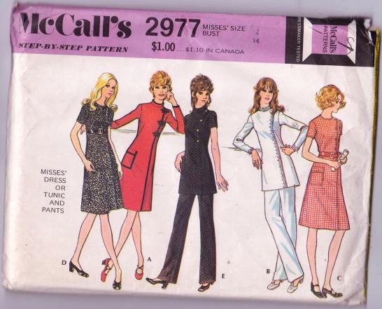 McCall’s 2977 Vintage Asymmetrical Dress Tunic and Pants Pattern Size 12 Dated 1971