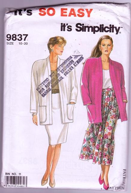 Simplicity Sewing Pattern 9837 Pleated Slim Skirt Unlined Jacket Size 10 - 20 Dated 1990