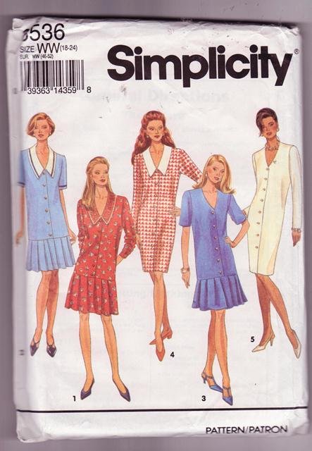 Simplicity 8536 Pattern Misses / Miss Petite Drop-Waist or Straight Dress Sizes 18-24 Dated 1993