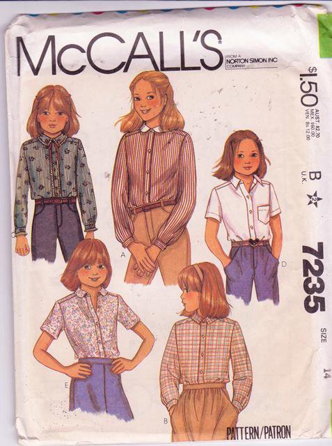 Vintage 1980 McCall's Girls Blouse Pattern 7235 Button Front Shirt Size 14