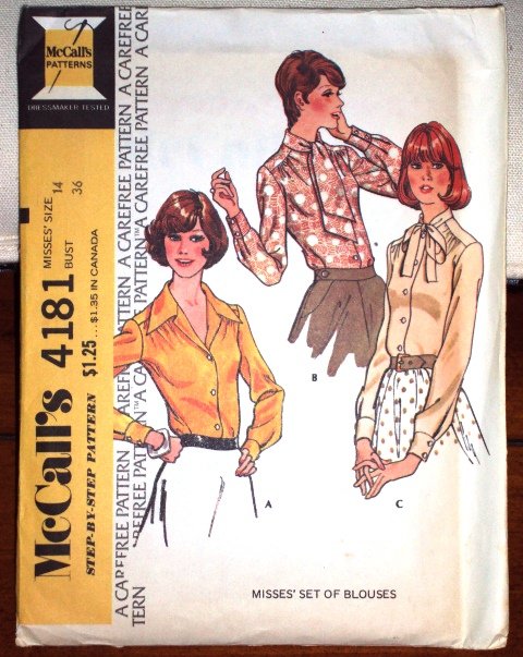 Vintage 1974 McCall’s Pattern Mad Men Style Misses set of Blouses 4181 Size 14