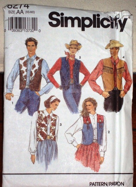 Simplicity Pattern 8274 Vintage Misses Teen Boys Western Vest Size XS-M Dated 1992