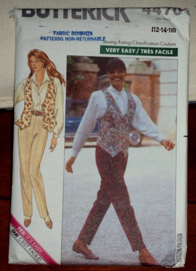 Butterick Pattern 4470 Retro 1989 Shirt/Blouse Vest Pants Misses Sizes 12-16 © 1989