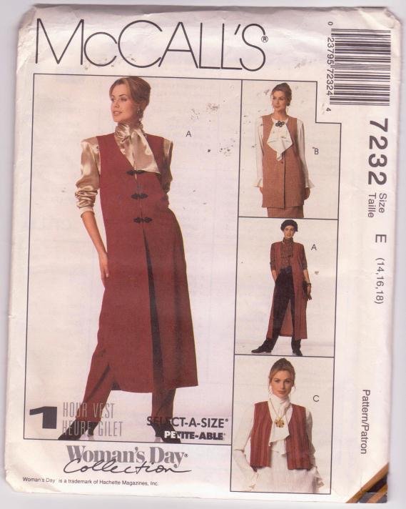 McCalls Sewing Pattern 7232 Unlined Vests Woman's Day Collection 1994 Sizes 14 16 18