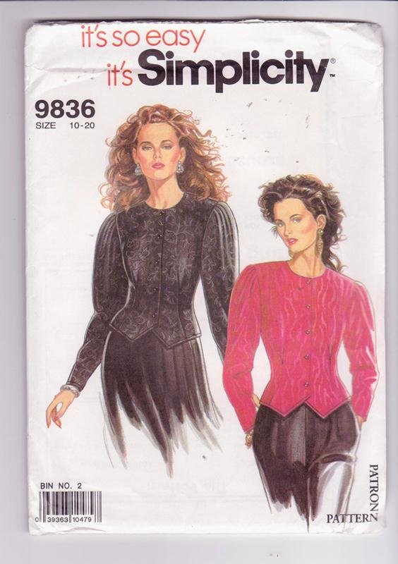 Simplicity Sewing Pattern 9836 Misses Fitted Blouse Sizes 10-20 ©1990
