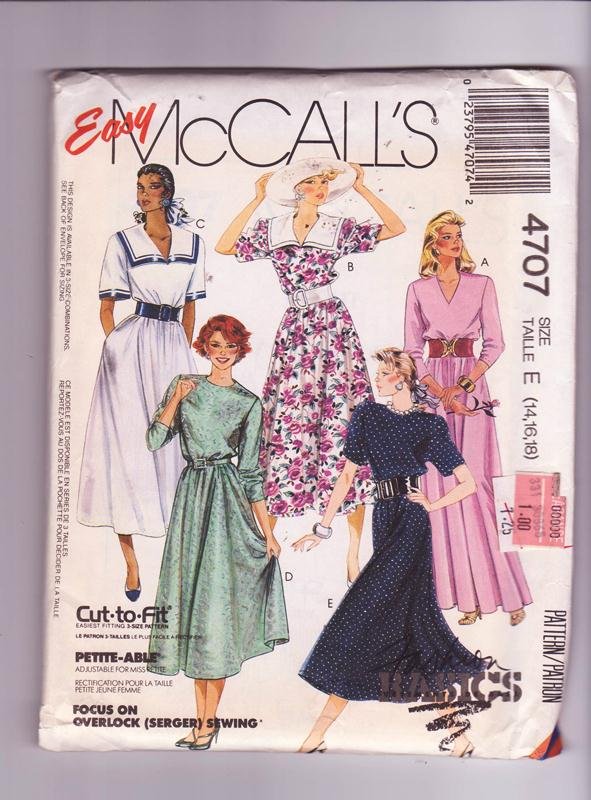 McCalls 4707 Pattern Easy Misses Dress Uncut Collar Variations Sizes 14-18 Vintage 1990