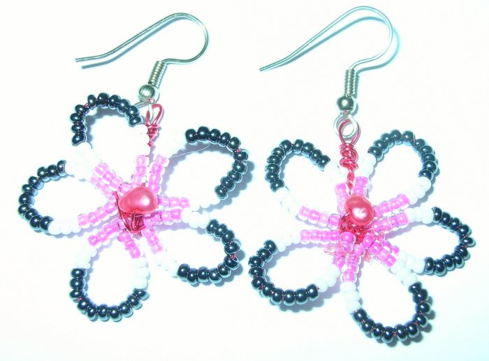 Pink, Black and Pearl Flower earrings
