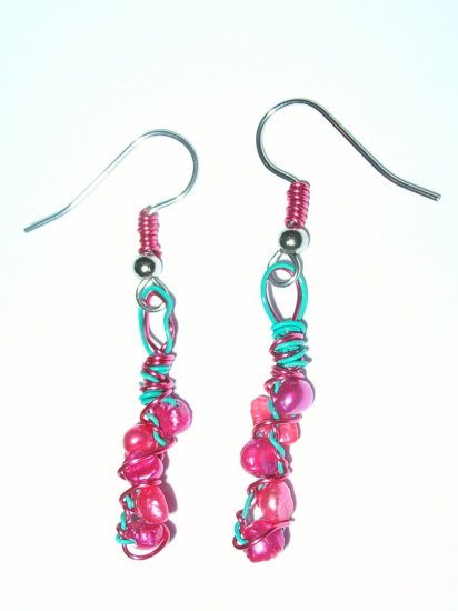 Pearl and aqua wire earrings