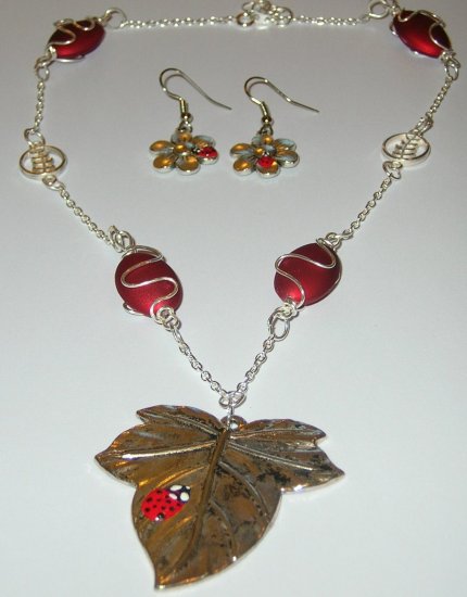 Red Ladybird or Ladybug necklace with earrings