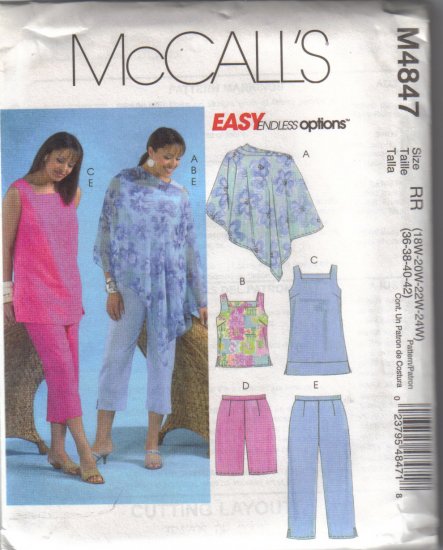 M4847 McCalls Womens Poncho,Top,Tunic,Shorts & Capri Pants