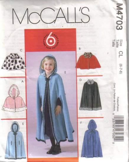 M4703 McCalls Child & Girls Lined Caplets & Capes 2-8