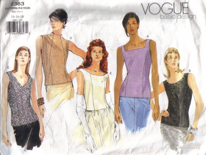 2363 Vogue Basic Pattern-Misses Lined Sleeveless Tops 8-18