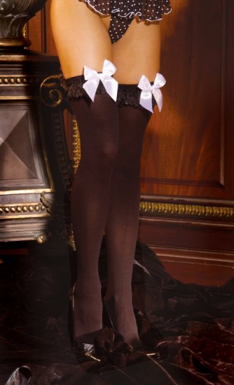 Opaque nylon thigh hi with chiffon ruffle and satin bow. .....QUEEN