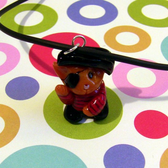 Pirate Kitty Animini Cat in hat, black breeches, eyepatch and striped shirt