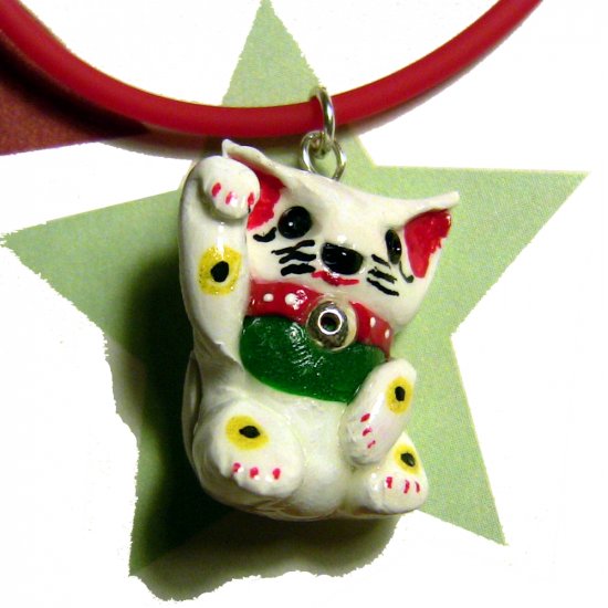 Hand Painted Calico Maneki Neko Lucky Cat Necklace
