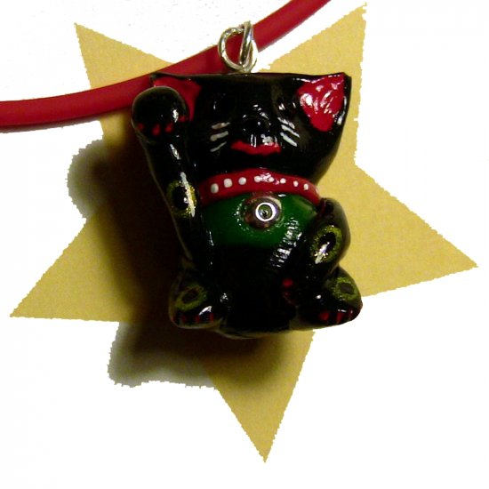 Lucky Black Maneki Neko Hand Painted Cat Necklace