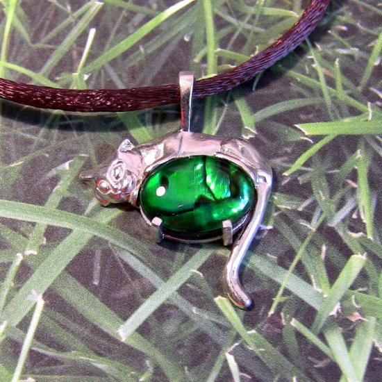 Earthy Sleeping Cat-- Sterling silver with green dyed paua shell