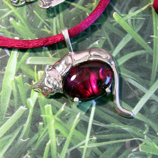 Ruby Red Sleeping Cat-- Sterling silver with blue dyed paua shell