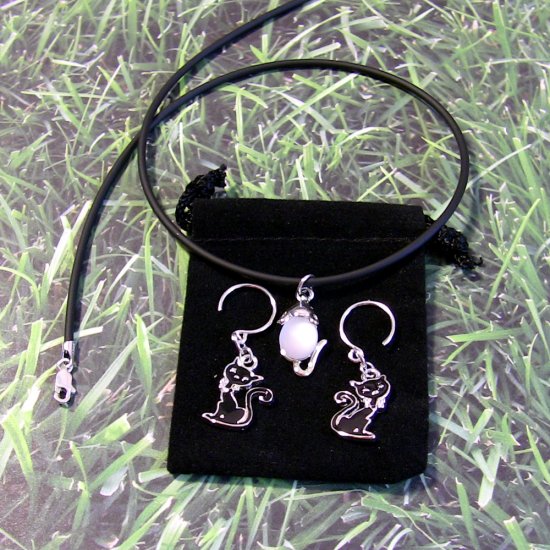 Black Cat and Mouse Necklace and Earrings Gift Set