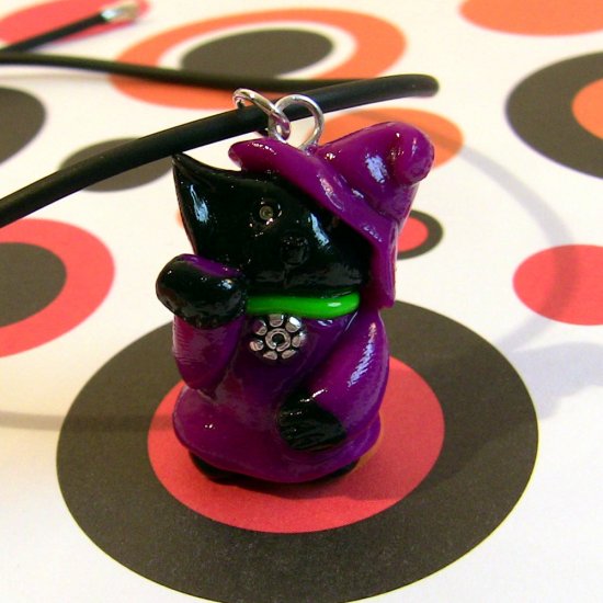 Good Luck Witch Kitty: Black Lucky Maneki Neko Cat in Violet Dress and Hat