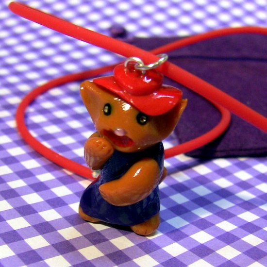 Laughing Red Hatted Kitty in Purple Dress