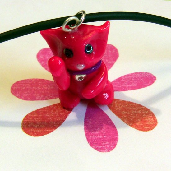 Hot Pink Maneki Neko Lucky Beckoning Cat Necklace