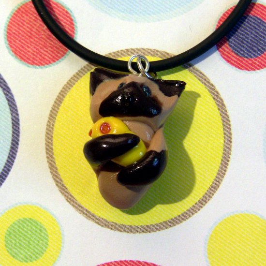 Kitty Hugging Ducky Siamese Meezer Animini Necklace