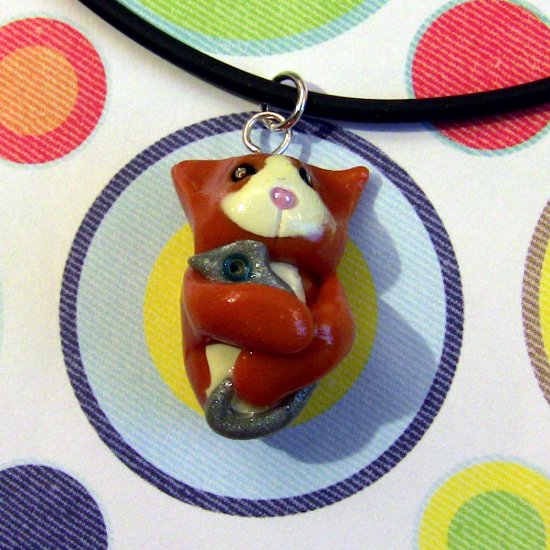 Kitty Hugging Mouse Toy Orange Tuxedo Necklace