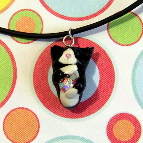 Kitty Hugging Rainbow Crystal Necklace-- Tuxedo