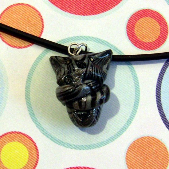 Tabby Hugging Mouse Necklace-- Black and Silver