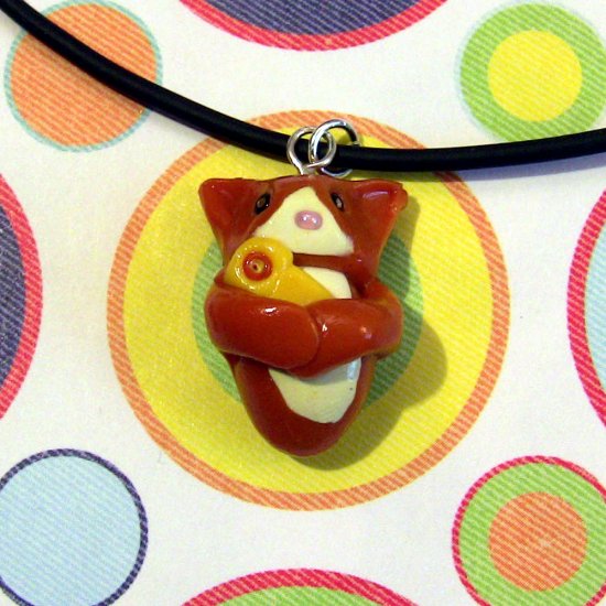 Kitty Hugging Ducky Ginger OrangeTuxedo Animini Necklace