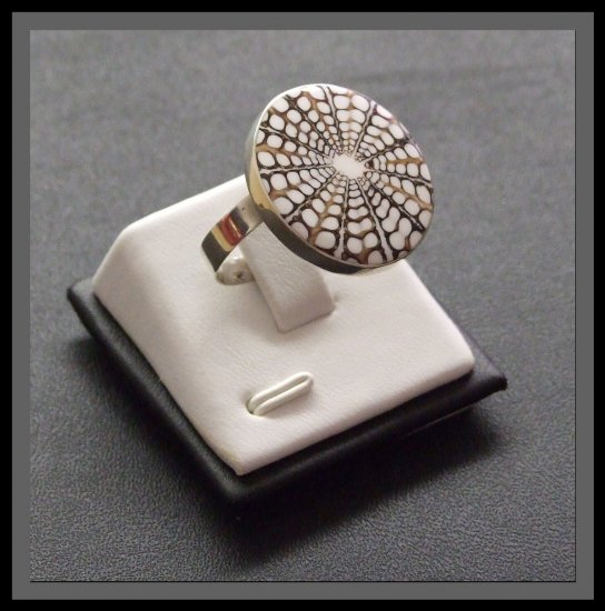 Adjustable Silver Ring with Shell - White & Brown
