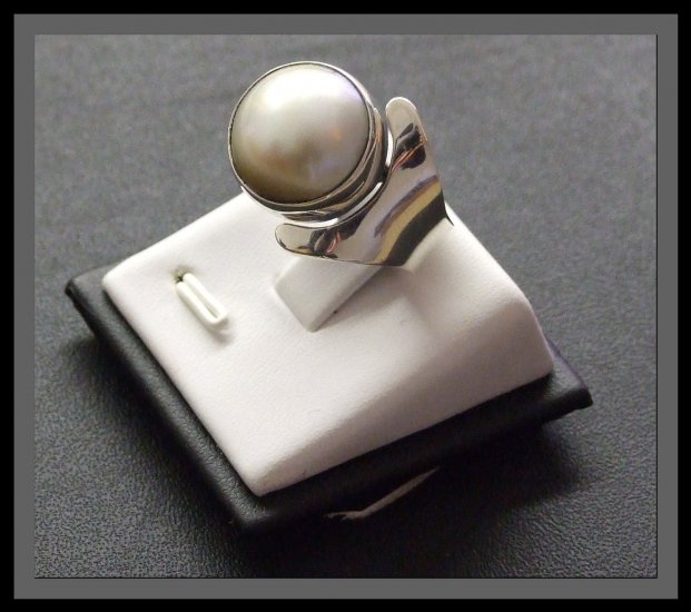 Adjustable Silver Ring With Synthetic White Pearl