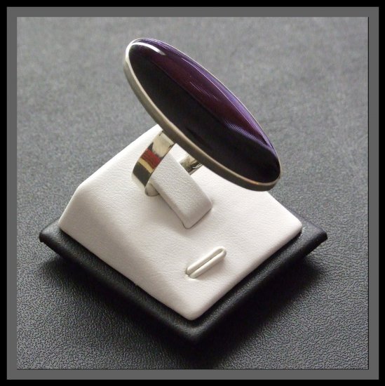Adjustable Silver Ring with polished Balck stone