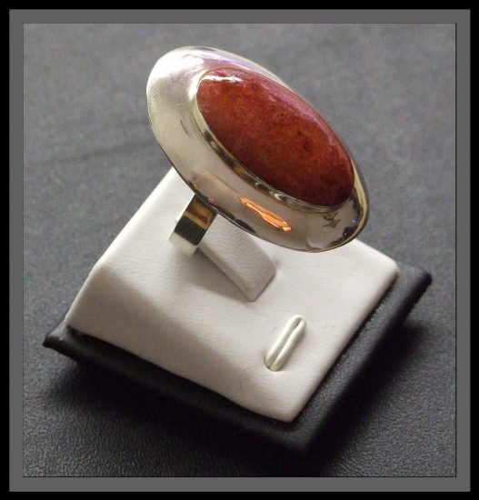 Adjustable Oval Silver Ring with Coral insert