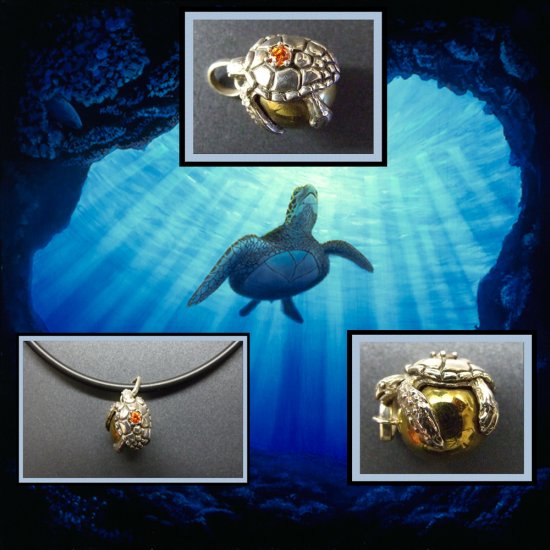 Silver Turtle On Brass Sphere Necklace