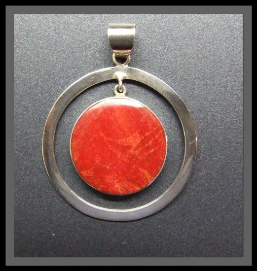 Double Circular Silver Pendant with Coral