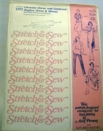 Pattern 1592 from Stretch & Sew(1979) - chemise dress and gathered raglan dress & blouse