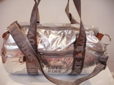 VICTORIA SECRET PINK METALLIC DUFFLE GYM SILVER BAG NEW