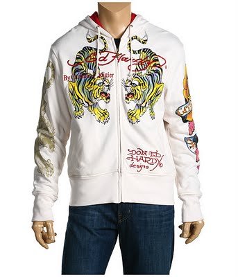 ED HARDY MEN TIGER EAGLE HOODIE OFF-WHITE JACKET SIZE L