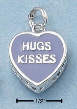 STERLING SILVER JEWELRY 2 SIDED PURPLE ENAMEL "HUGS KISSES" HEART (ch2254)