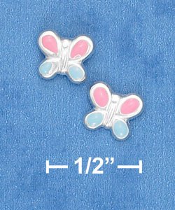 STERLING SILVER ITALIAN PINK & BLUE ENAMEL BUTTERFLY POST EARRINGS (ep637)