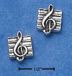 STERLING SILVER MUSIC G-CLEFF ON SHEET MINI-POST EARRINGS (ep573)