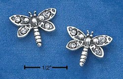 STERLING SILVER DRAGONFLY W/ CUBIC ZIRCONIAS POST EARRINGS (ep532)